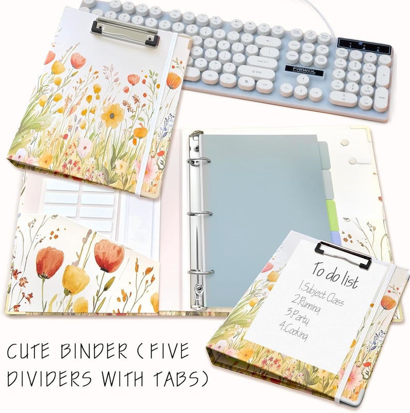 KLLVE Mini Binder Organizer for 5.5" x 8.5" Paper ，1 Inch 3 Ring Binder with Clipboard, 5-Tabs Pockets Dividers, Plastic Folder, 18 Divider Stikers, Pen Loop (Weed, Half Letter Size) - Image 2
